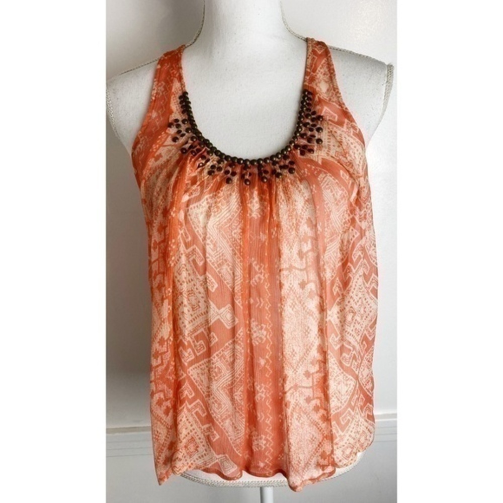 Joie • Orange Tribal Geo Print Stud Sheer Tank